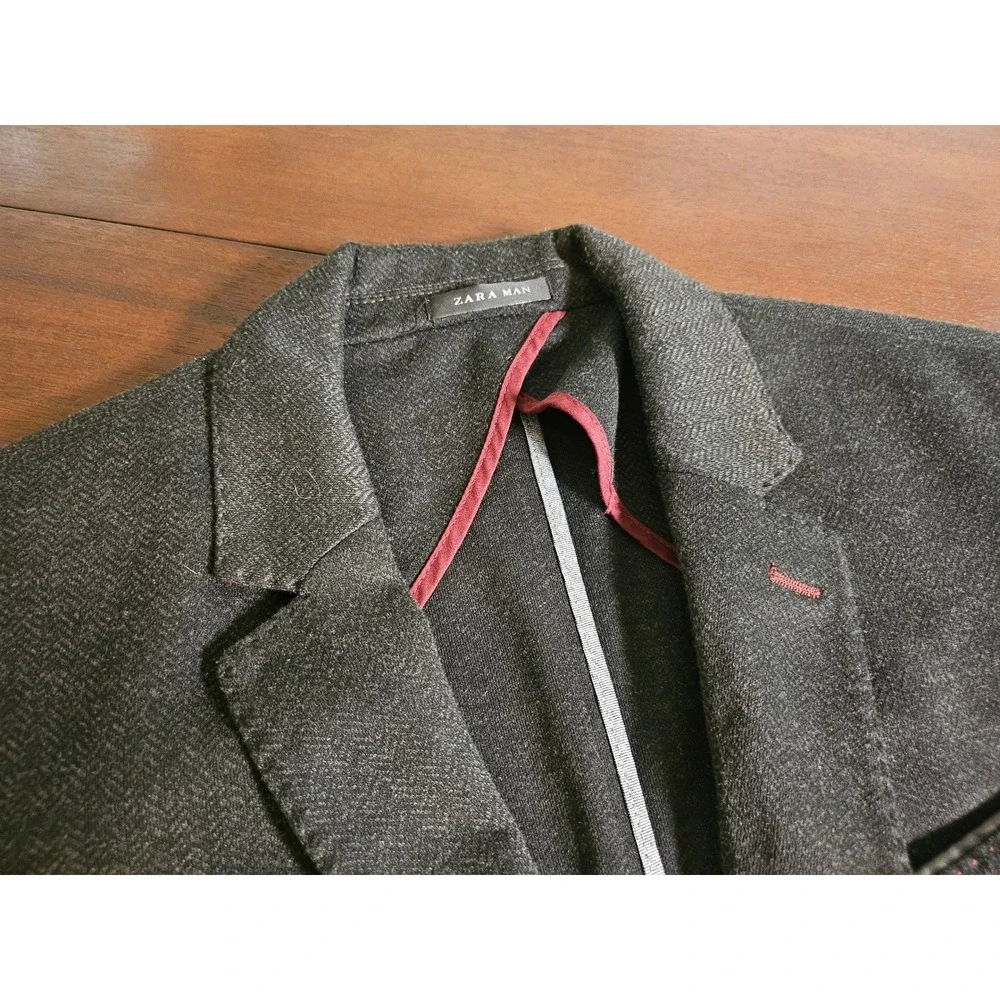Zara Man Blazer Jacket Mens 44 Gray Herringbone Elbow Patches Sport Coat